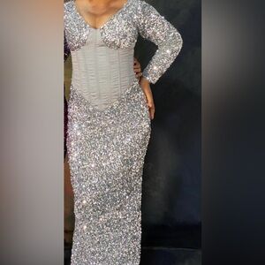 Sliver Sequin Corset Long-sleeve Occassion Dress